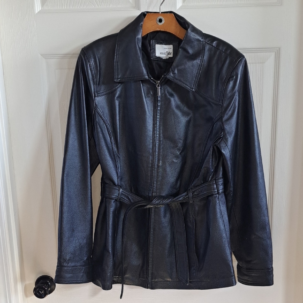 East 5th Vintage Genuine Leather Full Zip Belted Hip Length Pockets Lined Jacket